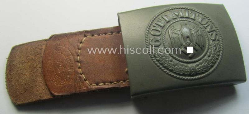 'Stonemint', WH (Heeres) 'standard-issue'-pattern, field-grey-toned- and/or steel-based belt-buckle being a maker- (ie. 'Brüder Schneider A.G.'-) marked- and/or: '1940'-dated example that came mounted onto its leather-based tab