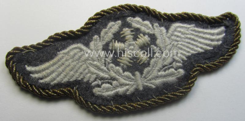 WH (Luftwaffe) machine-embroidered, so-called: trade- ie. special-career-patch (ie. 'Tätigkeitsabzeichen') having a golden-coloured 'Goldkordel' attached as was intended for: 'Flugzeugpersonal'