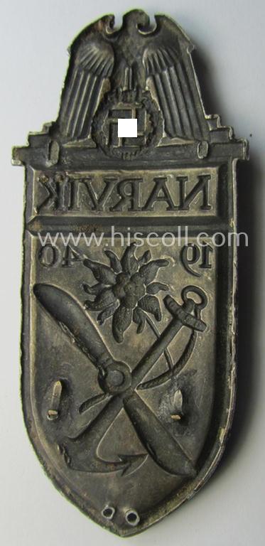 Truly worn - but regrettably incomplete but nevertheless rarely encountered! - WH (Heeres) 'Narvik'-campaign-shield as executed in silver-toned 'Buntmetall' (ie. Cupal) and that comes in a clearly issued- (and once tunic-attached-), condition