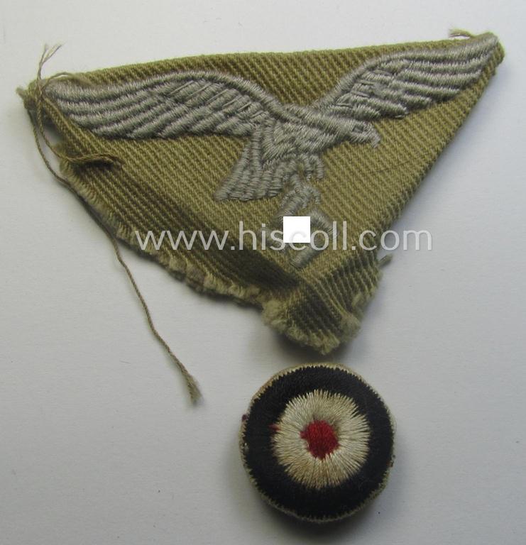 Moderately used and/or carefully cap-removed, WH (Luftwaffe) 'tropical-issued' cap-eagle and cocarde-set as was specifically intended for usage onto the tropical-styled LW side-caps (ie. 'Schiffchen')