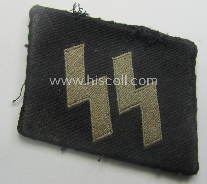Truly used and/or carefully tunic-removed, Waffen-SS so-called: 'BeVo'-woven, enlisted-mens'- (ie. NCO-) type so-called: 'runes'-collar-tab as was intended for usage by the soldiers (ie. NCOs) of the Waffen-SS throughout the war