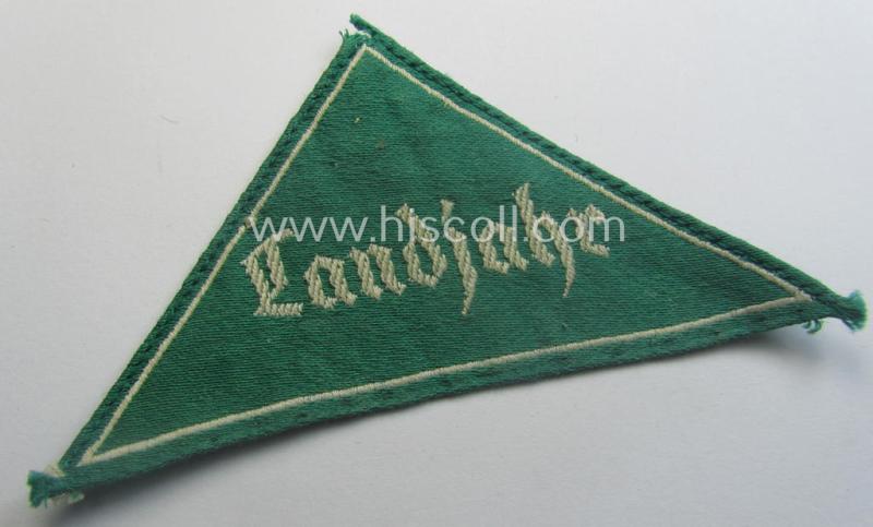 HJ (ie. 'Hitlerjugend') honorary-district-triangle (ie. 'Gebietsdreieck') entitled: 'Landjahr' being an example that comes in an overall nice (albeit just moderately used ie. worn condition)