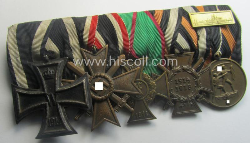 5-pieced, WWI- (ie. TR-) period medal-bar (ie. 'Ordenspange') resp. depicting an: 'EKII.Kl.', a: 'KvK II.Kl. m. S.', an: 'Anhalt Friedrich-Kreuz', an: 'FKK 14-18' and a: Czech 'Anschluss'-medal having a 'PB-Spange' attached