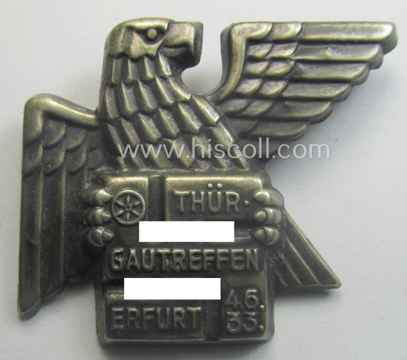 Silverish-toned, N.S.D.A.P.-related day-badge (ie. 'tinnie' or: 'Veranstaltungsabzeichen') as was issued to commemorate a party-related meeting entitled: 'Thür. Gautreffen - Erfurt - 4.6.33'