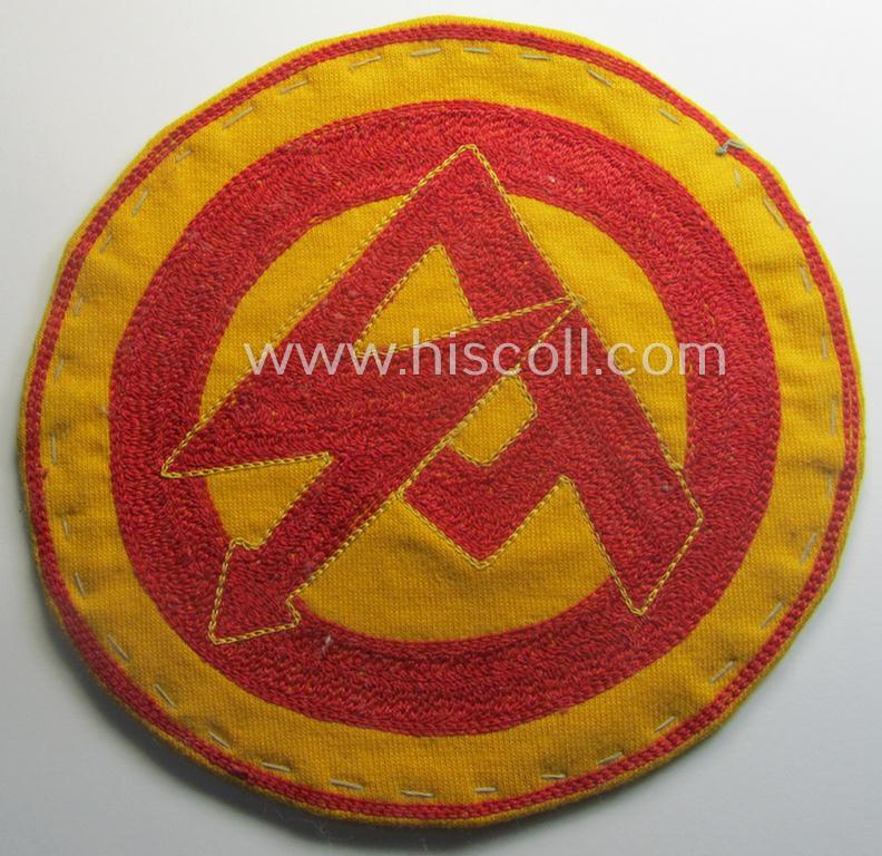 Unusual - larger-sized, bright-red-coloured and golden-yellow 'backed' - SA- (or: 'Sturmabteilungen') sports-shirt-patch being a nicely preserved (and tunic-removed!) example as executed in so-called: 'Kurbelstickerei'