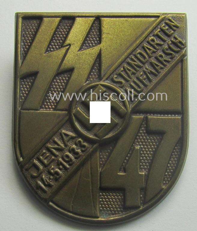 Early-period, SS-related 'tinnie' ie. 'Veranstaltungsabzeichen' being a maker- (ie. 'Wernstein - Jena'-) marked example showing the: 'SS-runes', '47'-numerals, swastika-sign and/or text: 'Standarten-Aufmarsch - Jena - 14.5-1933'