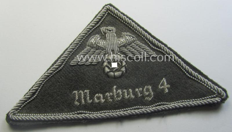 German Red Cross (ie. 'Deutsches Rotes Kreuz' or 'DRK') greyish-coloured- and/or triangular-shaped and neatly hand-embroidered (ie. typically officers'-pattern!) arm-eagle entitled: 'Marburg 4'