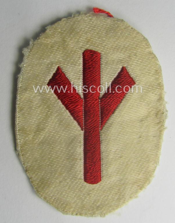 Truly used, HJ/BDM (ie. 'Hitlerjugend'/'Bund Deutscher Mädel') trade- or specialist-armbadge as executed in neat 'BeVo'-weave pattern as was intended for usage by a: 'Feldscher' (or: medical orderly) still retaining its period 'RzM'-etiket