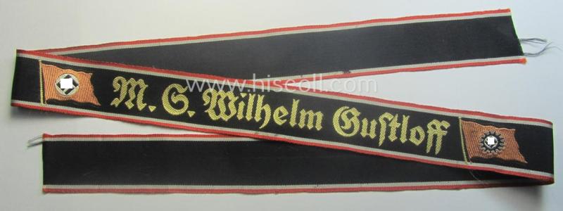 'DAF- ('Deutches Arbeitsfront') ie. 'KDF'- ('Kraft durch Freude'-) related white-coloured- (period-souvenir) cap-tally (ie. 'Mützenband') entitled: 'M.S. Wilhelm Gustloff'