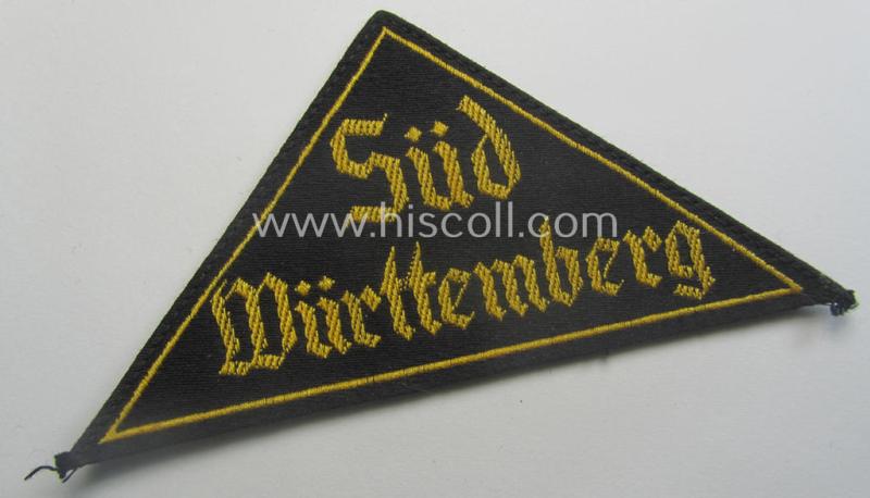 'HJ' ('Hitlerjugend') district-triangle (ie. 'Gebietsdreieck') entitled: 'Süd Württemberg' (being a never worn example that still retains its period-attached 'RzM'-etiket)