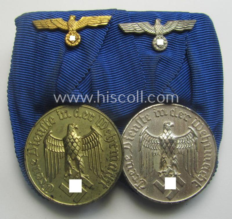 2-pieced medal-bar (ie. 'Spange') showing two: WH (Heeres o. Kriegsmarine) so-called: 'Dienstauszeichnungen für 4 u. 12 Jahre Treue Dienste' that both come period-mounted as a so-called: 'Doppelspange'