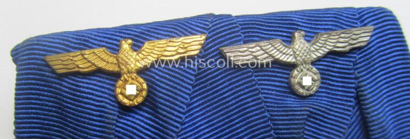 2-pieced medal-bar (ie. 'Spange') showing two: WH (Heeres o. Kriegsmarine) so-called: 'Dienstauszeichnungen für 4 u. 12 Jahre Treue Dienste' that both come period-mounted as a so-called: 'Doppelspange'