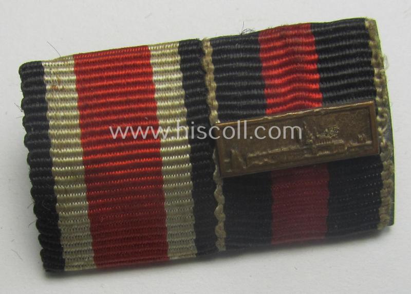 2-pieced WH (Heeres etc.) ribbon-bar (ie. 'Band- o. Feldspange') that is showing the ribbons for an: 'EK II.Kl.' and a Czech 'Anschluss'-medal (and having a detailed miniature 'Prager Burg-Spange' period-attached)