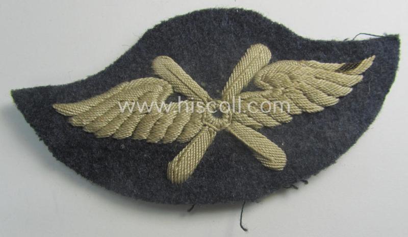Unusually hand-embroidered, WH (Luftwaffe) trade- ie. special-career-patch as was specifically intended for: 'Fliegendes Personal' and that comes in a clearly issued- and/or carefully tunic-attached-, condition