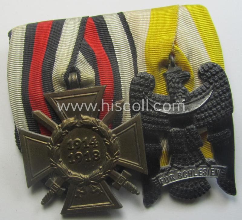 2-pieced (post) WWI-period medal-bar (ie. 'Spange') showing resp. a: 'FKK 1914-18 mit Schwn.' and a: a: 'Schlesisches Bewährungsabzeichen der II. Kl.' (or: 'Schlesischer Adler 2. Stufe') that both come period-mounted as a: 'Doppelspange'