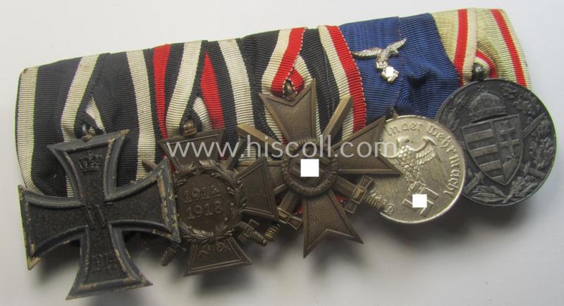 5-pieced, WWI- (ie. TR-) period, WH (Luftwaffe) medal-bar (ie. 'Ordenspange') resp. depicting an: 'EKII.Kl.', an: 'FKK 14-18 m. Schw.', a: 'KvK II.Kl. m. S.', a: WH (LW) 'DA 4. Stf. ' and an Austrian WWI-commemorative medal