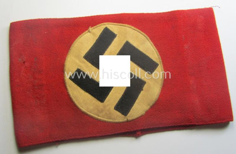 Truly used- and/or worn N.S.D.A.P.-pattern, smooth-woolen-based swastika-armband (ie. 'Armbinde') that misses its 'RzM'-etiket