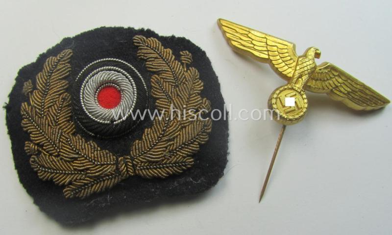 Fully matching - and scarcely encountered! - WH (Kriegsmarine) NCO- (ie. officers'-) type visor-cap insignia-set for attachment onto the various NCO- ie. officers'-type visor-caps (ie. 'Schirmmützen')