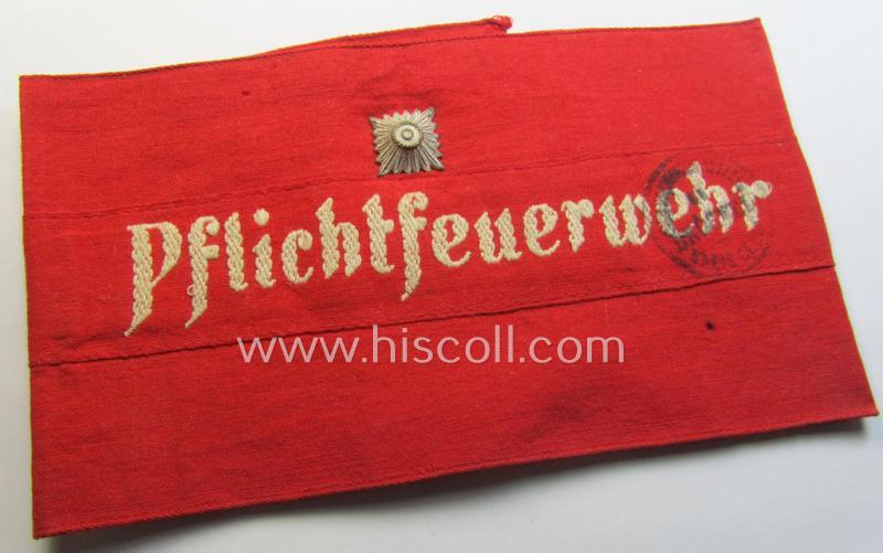 Very unusual - and most certainly not often seen! - EM- (ie. NCO-) pattern (I deem) 'Reichsluftschutzbund' (ie. 'RLB'-) service-armband showing the interwoven text: 'Pflichtfeuerwehr'