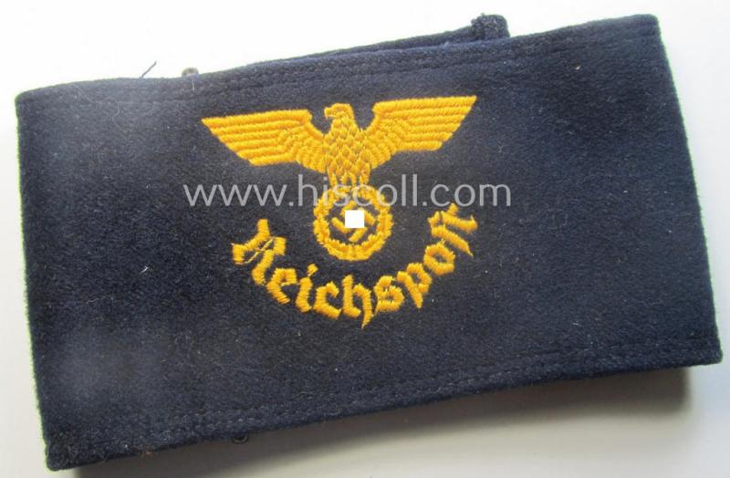 Darker-blue-coloured- and/or woolen-based so-called: 'Reichspost'-related armband (ie. 'Armbinde') being of the 'woven'-type and that comes in a moderately used- ie. worn, condition