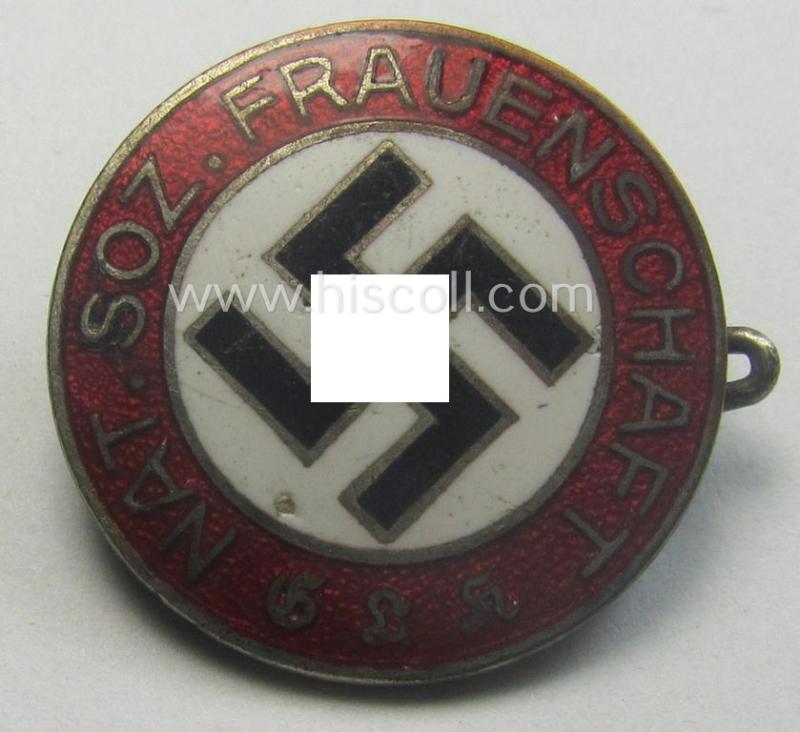 Very rarely found - and neatly enamelled- (bright-red-coloured) - so-called: 'Nat. Soc. Frauenschaft'-membership-lapel-pin (ie. party-badge or: 'Parteiabzeichen') which is nicely maker-marked on its back with the makers'-logo: 'S&L'