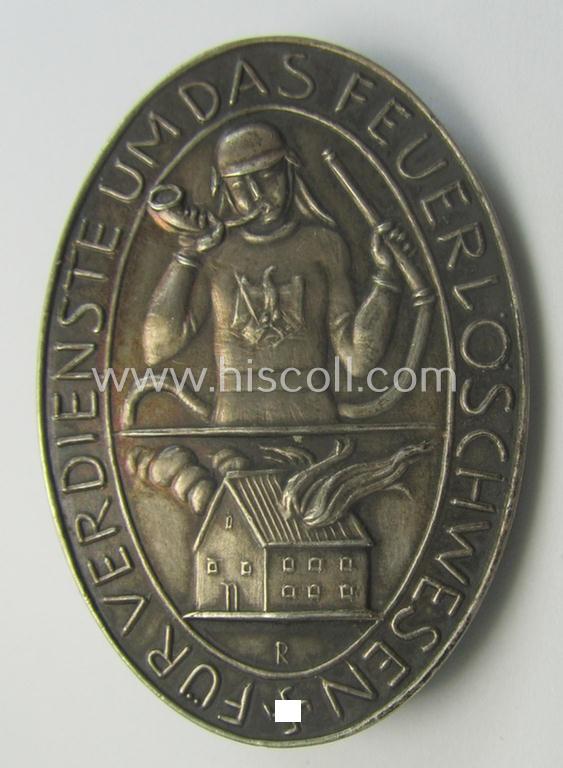 Pre-war-period- and/or genuine silver-based (ie. '900'-stamped), so-called: 'Erinnerungszeichen Verdienste um das Feuerlöschwesen 1934' being a very detailed- and maker- (ie. 'Preuss. Staatsmünze'-) marked, example