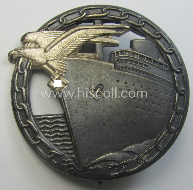 WH (Kriegsmarine) 'Blockadebrecher-Kriegsabzeichen' being a clearly maker- (ie. 'Fec. Otto Placzek Berlin - Ausf. Schwerin - Berlin'-) marked example as executed in silver-toned metal (ie. 'Buntmetall')