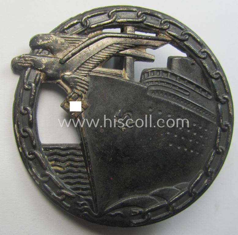 WH (Kriegsmarine) 'Blockadebrecher-Kriegsabzeichen' being a clearly maker- (ie. 'Fec. Otto Placzek Berlin - Ausf. Schwerin - Berlin'-) marked example as executed in silver-toned metal (ie. 'Buntmetall')