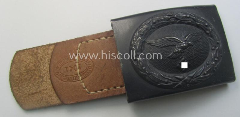 'Virtually mint', 'standard-issue'-pattern, WH (Luftwaffe) bluish-grey-toned- and steel-based belt-buckle being a non-maker-marked example that comes mounted onto its 'Berg u. Nolte A.G.'-marked and/or '1941'-dated tab