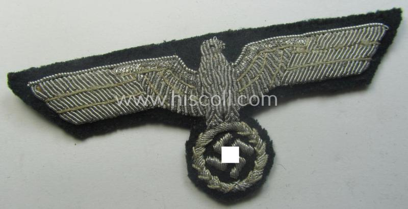 WH (Heeres) officers'-type, hand-embroidered breast-eagle (ie. 'Brustadler für Offiziere') as was executed in bright-silverish-coloured braid as was intended for usage on the various officers'-pattern tunics