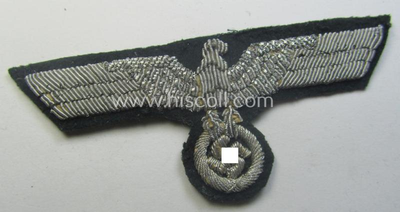 WH (Heeres) officers'-type, hand-embroidered breast-eagle (ie. 'Brustadler für Offiziere') as was executed in bright-silverish-coloured braid as was intended for usage on the various officers'-pattern tunics