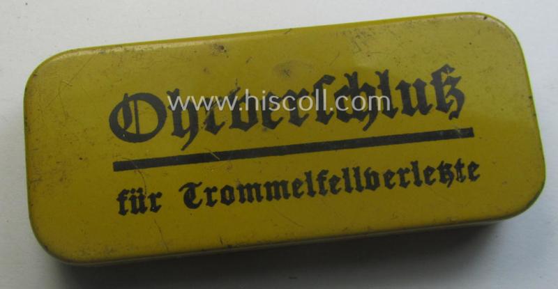Interesting - and scarcely found! - WH medical-equipment piece: a yellow-toned and tin-based box marked: 'Ohrverschluss für Trommelfellverletzte' (that still holds most of its period contents!)