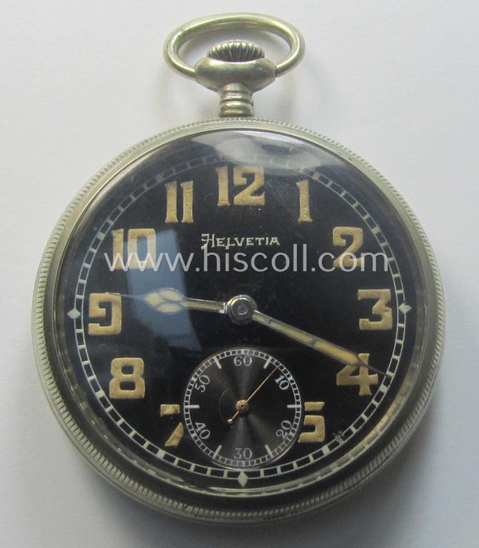 Functional - albeit non-numbered! - 'Deutsche Wehrmacht'- (ie. typical WWII-period!) pocket-watch (ie. 'Dienstuhr') of the make: 'Helvetia' having a black-coloured dial-plate