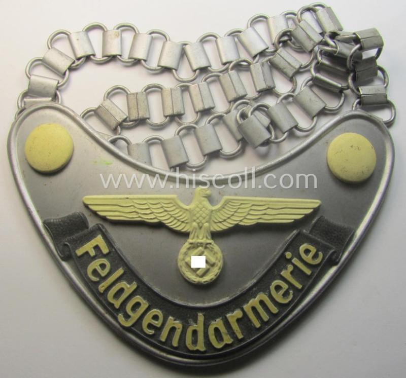 Superb - and 'virtually mint'! - example of a WH (Heeres) gorget (ie. 'Brustschild o. Ringkragen') entitled: 'Feldgendarmerie' being a non-maker-marked example that comes mounted onto its period-attached chain (ie. 'Kette')
