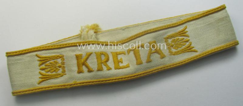 WH cuff-title (ie. 'Ärmelstreifen') entitled: 'Kreta' (being an example that comes in a clearly issued-, worn- and/or most certainly once tunic-attached, condition)