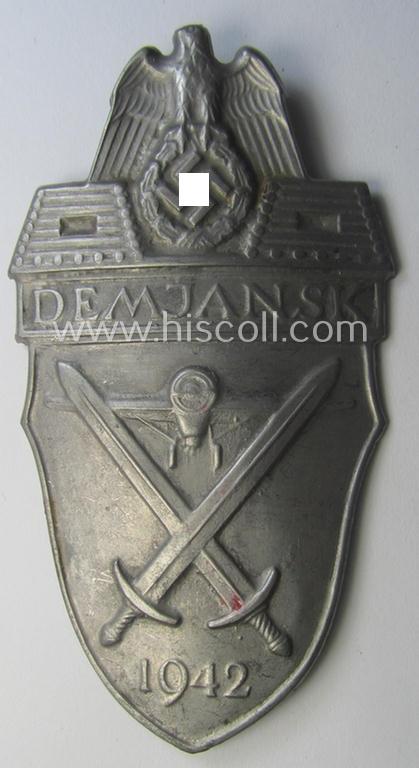 Nicely preserved - albeit regrettably incomplete ie. relic! - example of a WH (Heeres ie. Waffen-SS) 'Demjansk'-campaign-shield as executed in typical magnetic, so-called: 'Eisenblech'