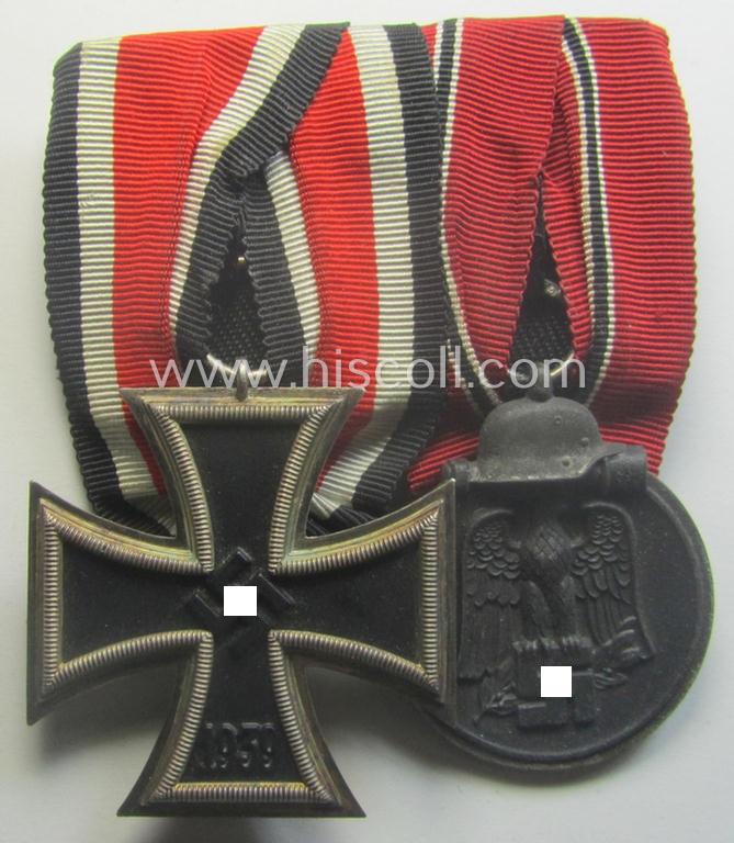 Minimally used example of a two-pieced WH (Heeres, LW o. KM etc.) medal-bar (ie. 'Orden- o. Doppelspange') showing resp. an: 'EKII. Kl.' and a medal: 'Winterschlacht im Osten 1941-42'