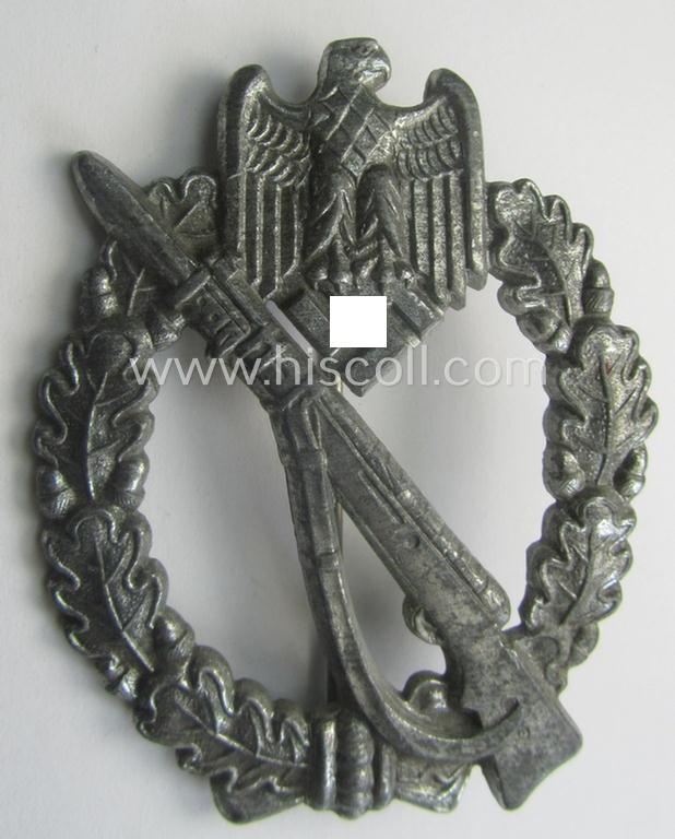 WH (Heeres- ie. Waffen-SS) 'Infanterie-Sturmabzeichen in Silber' (or: silver-class IAB) being a neatly maker- (ie. 'JFS'-) marked example that comes in a truly issued- ie. moderately worn, condition