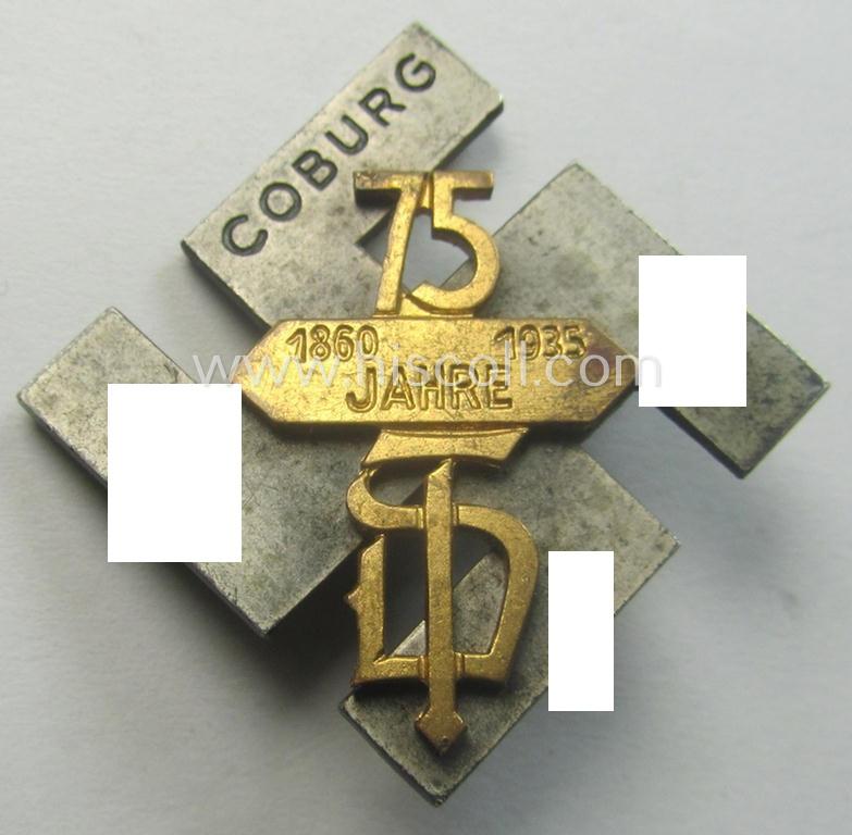 Commemorative - and I deem 'Buntmetall'-based - 'tinnie' being a non-maker-marked example depicting a swastika-sign mentioning the region: 'Coburg' upon which a golden-toned 'label' showing the text: '75 Jahre - 1860 - 1936' is attached
