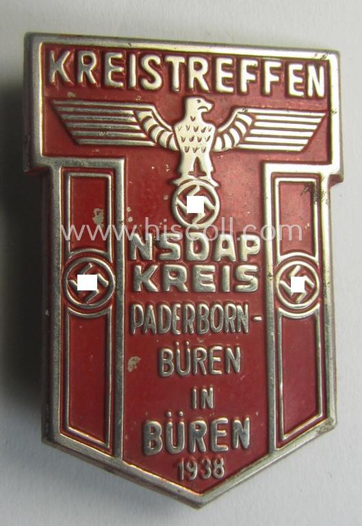 Silverish-toned - and partly bright-red-coloured! - N.S.D.A.P.-related day-badge (ie. 'tinnie') being a non-maker-marked example entitled: 'Kreistreffen NSDAP - Kreis Paderborn Büren in Büren - 1938'