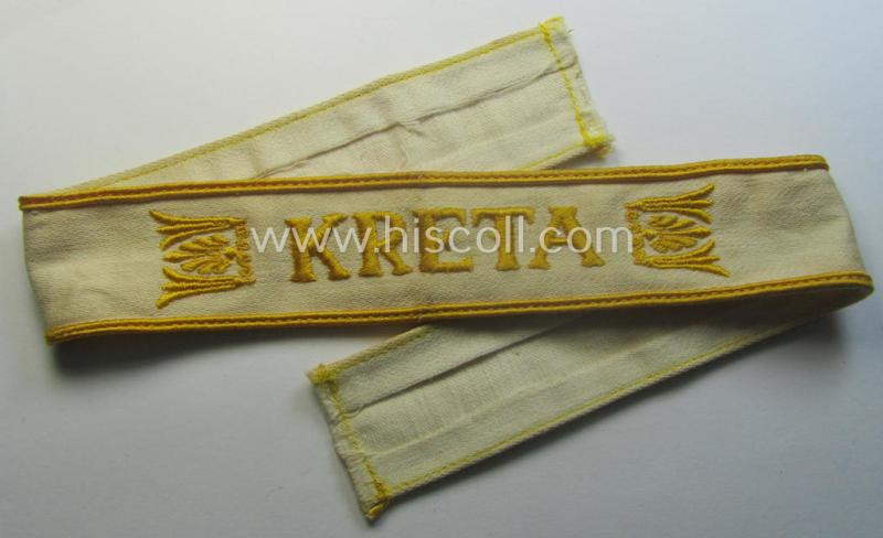 WH (Luftwaffe o. Heeres) cuff-title (ie. 'Ärmelstreifen') entitled: 'Kreta' that comes in a presumably issued- (albeit I deem never used- ie. 'virtually mint'-), condition