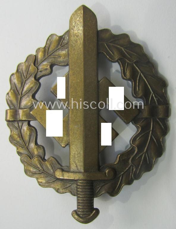 Early- (ie. pre-) war-period example of an: 'SA-Sportabzeichen in Bronze' being a detailed and/or neatly maker- (ie. 'Sieper u. Söhne - Lüdenscheid'-) marked example that is void of a bearers'-number