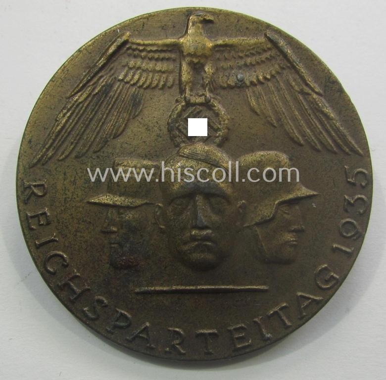 Fairly luxuriously styled, so-called: N.S.D.A.P.-related 'tinnie' (ie. 'Tagungs- o. Veranstaltungsabzeichen'-) being a non-maker-marked example depicting the text: 'Reichsparteitag 1935'