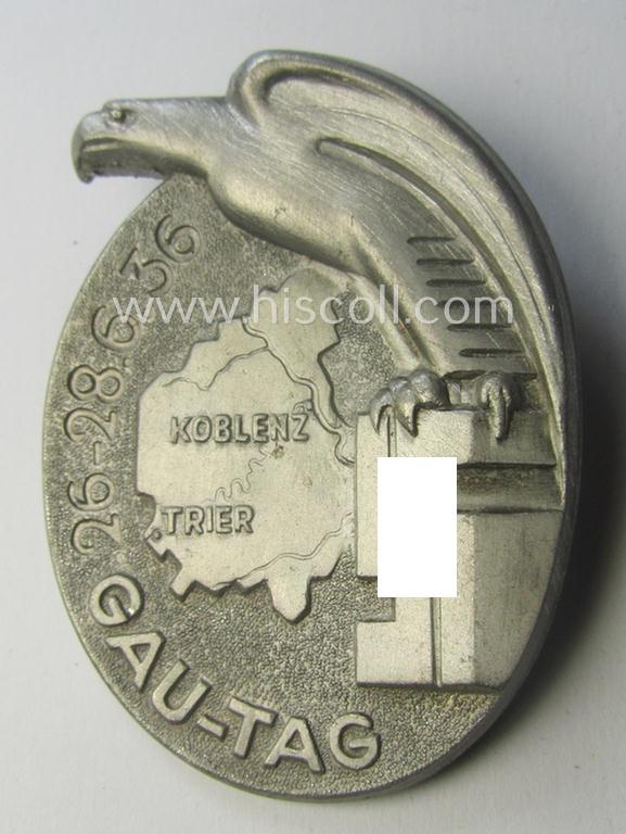 Commemorative, so-called: N.S.D.A.P.-related 'tinnie' (ie. 'Tagungs- o. Veranstaltungsabzeichen') being a typical non-maker-marked example showing the text: 'Gautag - Koblenz / Trier - 6.-8. August 1936'