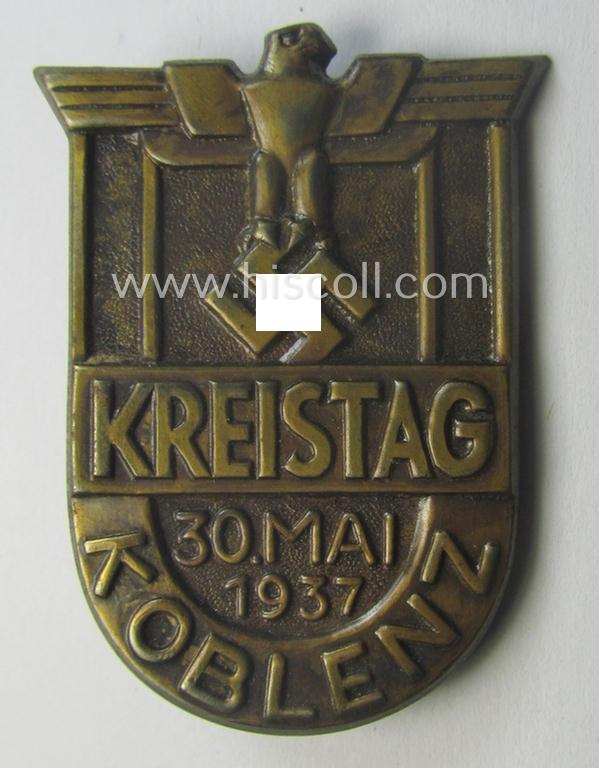 Commemorative, so-called: N.S.D.A.P.-related 'tinnie' (ie. 'Tagungs- o. Veranstaltungsabzeichen'-) being a non-maker-marked example showing the text: 'Kreistag - Koblenz - 30. Mai 1937'