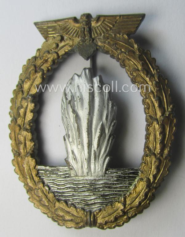 Regrettably denazified, WH (KM) 'Kriegsabzeichen für Minensuch-, U-Boot-Jagd und Sicherungs-Verbände' (being a typical maker-marked, 'Feinzink'-based example as was produced by the: 'Adolf Scholze'-company)