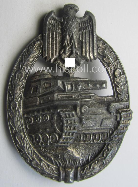 'Panzerkampfabzeichen in Silber' being a neatly maker- (ie. 'HA'-) marked- and/or typical zinc- (ie. 'Feinzink'-) based specimen as was produced by the desirable 'Hersteller' (ie. maker): 'Hermann Aurich'