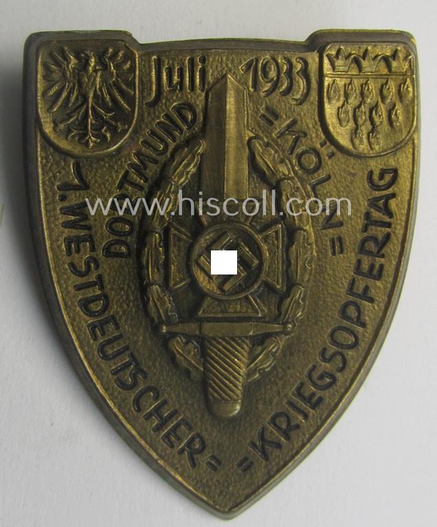 Commemorative, golden-bronze-toned and/or tin-based: 'N.S.K.O.V.'- (ie. veteran-) related 'tinnie' being a non-maker-marked example showing the text: '1. Westdeutscher - Kriegsopfertag - Dortmund - Köln - Juli 1933'