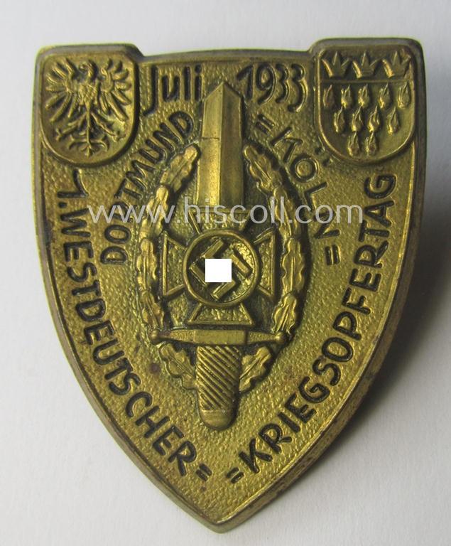 Commemorative, golden-bronze-toned and/or tin-based: 'N.S.K.O.V.'- (ie. veteran-) related 'tinnie' being a non-maker-marked example showing the text: '1. Westdeutscher - Kriegsopfertag - Dortmund - Köln - Juli 1933'