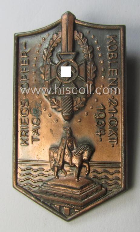 Commemorative, reddish-bronze-toned and/or tin-based: 'N.S.K.O.V.'- (ie. veteran-) related 'tinnie' being a non-maker-marked example showing the text: 'Kriegsopfertag - Koblenz - 21. Okt. 1934'